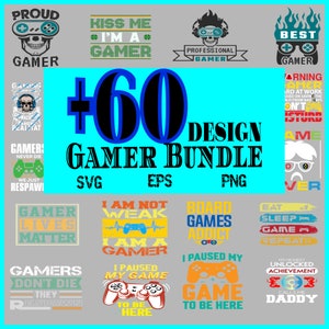 Può includere: Una collezione di 60 design a tema gaming in formato SVG, EPS e PNG. I design presentano varie frasi e immagini legate al gaming, tra cui "Gamer Lives Matter", "Ho messo in pausa il mio gioco per essere qui" e "Mangia, dormi, gioca, ripeti".