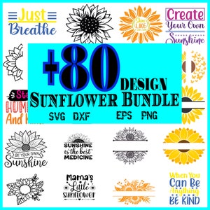 Op de afbeelding: Een digitaal downloadpakket met meer dan 80 zonnebloemontwerpen in SVG, DXF, EPS en PNG-formaten. De ontwerpen bevatten zonnebloemen in verschillende stijlen, waaronder een zonnebloem met de tekst "Wees je eigen zonneschijn", een zonnebloem met de tekst "Zonneschijn is de beste medicijn" en een zonnebloem met de tekst "Mama's kleine zonnebloem".