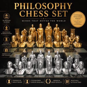 May include: A philosophy chess set featuring 32 resin pieces in gold and silver finishes. Each piece is a bust of a historical figure. The set is displayed on a checkered board with text overlays including 'PHILOSOPHY CHESS SET' and 'MINDS THAT MOVED THE WORLD' along with various icons and descriptive labels.