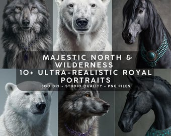 Majestic North - Wilderness Luxury Portraits | 10+ Ultra-Realistic Royal Wolf, Polar Bear - Horse Digital Art | 300DPI High-Res PNG Wall Art