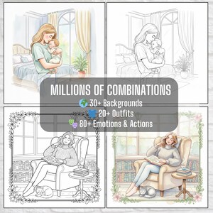 May include: A digital art collage featuring four panels. Two panels depict a mother holding a baby, while the other two show a person reading in a chair. The text "MILLIONS OF COMBINATIONS" is overlaid, along with details about backgrounds, outfits, and emotions.