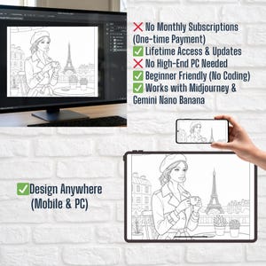 May include: A digital art design displayed on a computer monitor, tablet, and smartphone. The design features a woman in a beret, holding a cup, with the Eiffel Tower in the background. Text includes "Design Anywhere (Mobile & PC)" and other product features.
