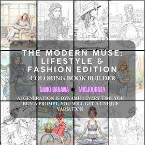 May include: A coloring book cover titled "THE MODERN MUSE: LIFESTYLE & FASHION EDITION" with illustrations of women in various settings. The cover includes text: "COLORING BOOK BUILDER", "NANO BANANA", "MIDJOURNEY", and "AI GENERATION IS DYNAMIC! EVERY TIME YOU RUN A PROMPT, YOU WILL GET A UNIQUE VARIATION."