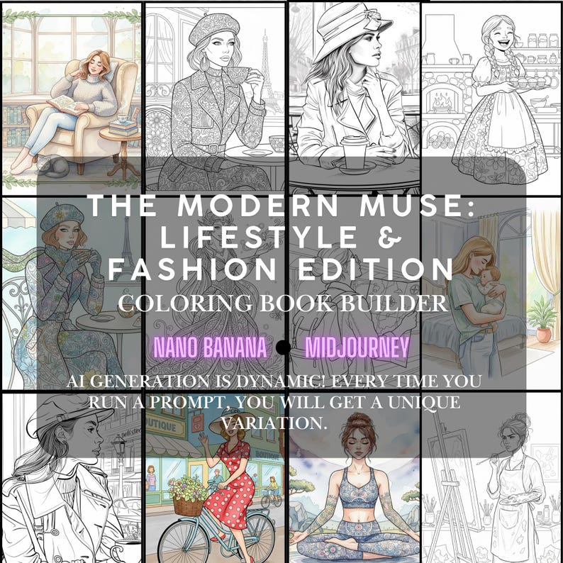 May include: A coloring book cover titled "THE MODERN MUSE: LIFESTYLE & FASHION EDITION" with illustrations of women in various settings. The cover includes text: "COLORING BOOK BUILDER", "NANO BANANA", "MIDJOURNEY", and "AI GENERATION IS DYNAMIC! EVERY TIME YOU RUN A PROMPT, YOU WILL GET A UNIQUE VARIATION."