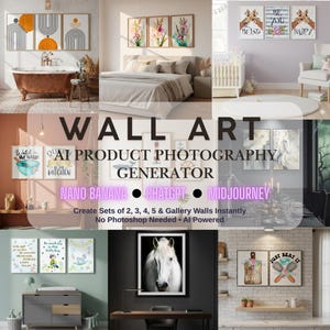Può includere: Un collage di opere d'arte da parete incorniciate con vari design. La collezione include arte astratta, stampe floreali e citazioni motivazionali. Il testo "WALL ART" e "AI PRODUCT PHOTOGRAPHY GENERATOR" è visibile.