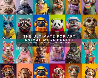 Ultimate Pop Art Animal Mega Bundle | 23 Trendy Animals with Headphones,Pizza & Sunglasses | 300 DPI High-Res PNG | Fun Wall Art