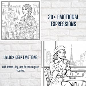 May include: Black and white line art illustrations. One shows a woman painting on a canvas, another displays the text "20+ EMOTIONAL EXPRESSIONS". A third image reads "UNLOCK DEEP EMOTIONS" with the text "Add Drama, Joy, and Action to your stories."
