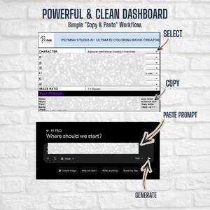 May include: A digital interface with the text "POWERFUL & CLEAN DASHBOARD" and "Simple 'Copy & Paste' Workflow." The interface includes options for selecting, copying, and pasting prompts, and generating images. The text "Where should we start?" is also visible.