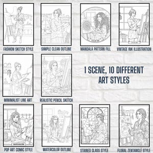 May include: A collection of ten black and white illustrations showcasing a single scene in various art styles. Styles include fashion sketch, simple outline, mandala pattern fill, vintage ink, minimalist line art, realistic pencil sketch, pop art comic, watercolor outline, stained glass, and floral zentangle.