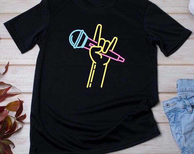 Neon Karaoke T-shirt, Unisex zwaar katoenen T-shirt, zanger shirt, karaoke fan cadeau, muziek cadeau, muziek minnaar cadeau