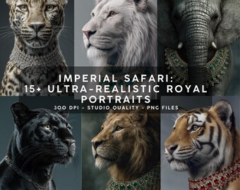 Imperial Safari Luxury Animal Portraits Bundle | 15+ Ultra-Realistic Jeweled Wildlife Digital Art | 300 DPI High-Res PNG Wall Art & Decor