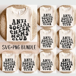 May include: A set of eight iron-on transfers for t-shirts featuring the text "Anti Social [Sport] Moms Club" in a retro font. The sports featured are cheer, dance, soccer, tennis, football, baseball, basketball, and hockey.
