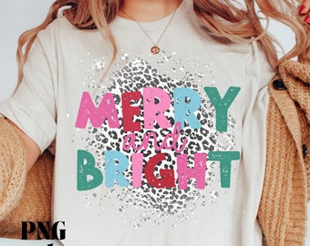 Merry and Bright Christmas PNG, Plaid, Leopard, Pink Christmas PNG, Chunky Letters, Sublimation Digital Download, POD Tshirt Design