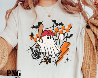 Lindo fantasma jugando béisbol Png, Retro Halloween Png, Vintage Otoño Png, Png angustiado, Sublimación de moda Png, Manos de esqueleto, Perno