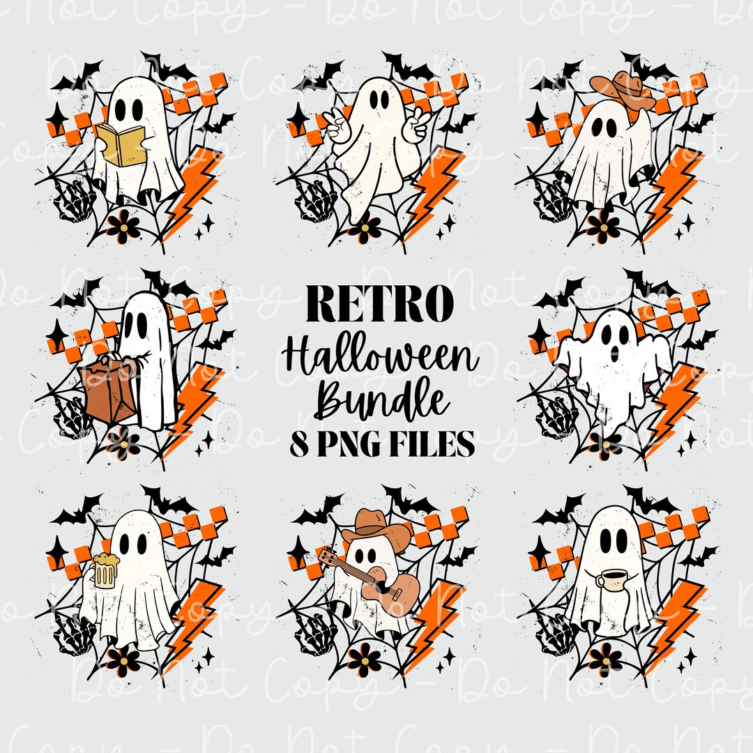 Ghost Retro Halloween Bundle Png Vintage Fall Png Reading, Playing ...