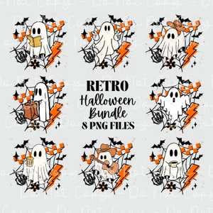 Ghost Retro Halloween Bundle Png Vintage Fall Png Lendo, Tocando Guitarra, Bebendo Café, Cowgirl Png, Western Png, Sublimação De Outono