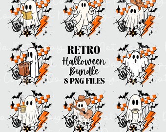 Ghost Retro Halloween Bundle Png Vintage Fall Png Reading, Playing Guitar, Drinking Coffee, Cowgirl Png, Western Png, Fall Sublimation