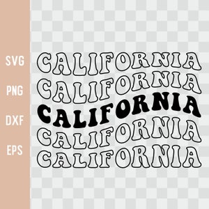 May include: Five stacked layers of the word "CALIFORNIA" in a retro, wavy font. The top two layers are outlined in black, the next two layers are filled in black, and the bottom layer is outlined in black.