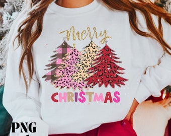 Merry Christmas Trees Red, Gold and Pink PNG, Plaid and Leopard Png for Sublimation Digital Download