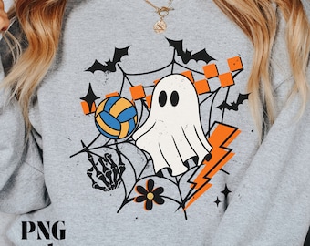 Lindo fantasma jugando voleibol Png, Retro Halloween Png, Vintage Otoño Png, Png angustiado, Sublimación de moda Png, Manos de esqueleto, Perno