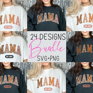 Könnte beinhalten: Ein digitales Design-Paket mit 24 SVG- und PNG-Dateien, die das Wort "MAMA" in verschiedenen Farbkombinationen und mit dem Text "EST. 2023" oder "EST. 2024" darunter zeigen. Die Designs sind perfekt für die Erstellung von individuellen T-Shirts, Tassen, Tragetaschen und anderen personalisierten Geschenken.