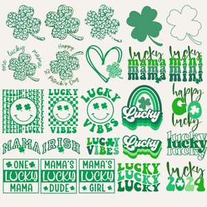 May include: A collection of green shamrock and clover designs with the words "Lucky", "Mama", "Irish", "Vibes", "Happy", "Go", "One", "Dude", "Girl", "2024", and "Feelin' Lucky" in various fonts and styles.