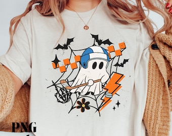 Cute Ghost Playing Hockey Png, Retro Halloween Png, Vintage Fall Png, Distressed Png, Trendy Sublimation Png, Skeleton Hands, Bolt
