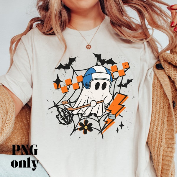 Cute Ghost Playing Hockey Png, Retro Halloween Png, Vintage Fall Png, Distressed Png, Trendy Sublimation Png, Skeleton Hands, Bolt