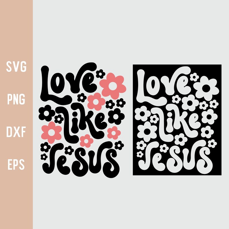 K&ouml;nnte beinhalten: Schwarz-wei&szlig;es Grafikdesign mit dem Text "Love like Jesus" in einer Retro-Schriftart. Das Design ist von rosa und schwarzen Blumen umgeben.