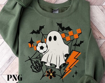 Lindo fantasma jugando fútbol Png, Retro Halloween Png, Vintage Otoño Png, Png angustiado, Sublimación de moda Png, Manos de esqueleto, Rayo