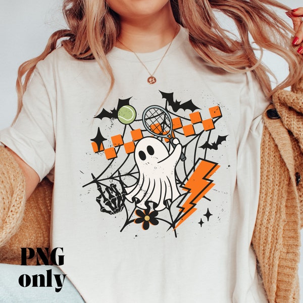 Cute Ghost Playing Tennis Png, Retro Halloween Png, Vintage Fall Png, Distressed Png, Trendy Sublimation Png, Skeleton Hands, Bolt