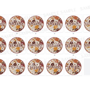 May include: A set of 12 round, floral patterned stickers with different names, including "mama", "nana", "mini", "mom", "nonnie", "sissy", and "teacher".