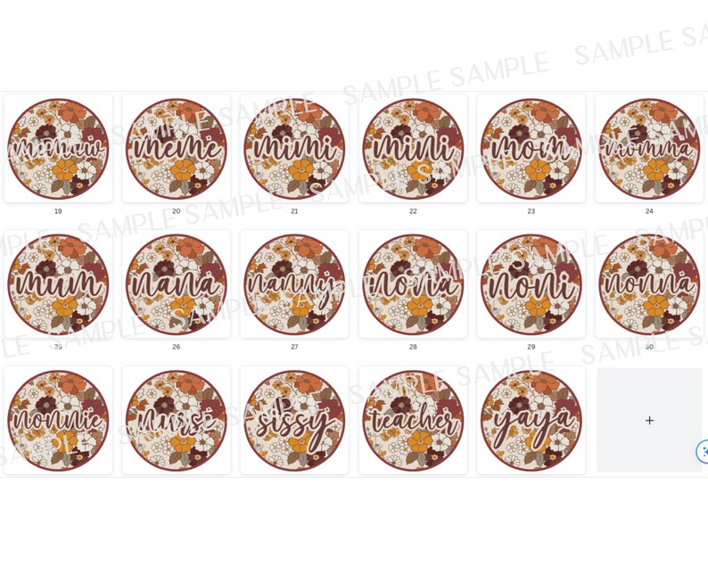 May include: A set of 12 round, floral patterned stickers with different names, including "mama", "nana", "mini", "mom", "nonnie", "sissy", and "teacher".
