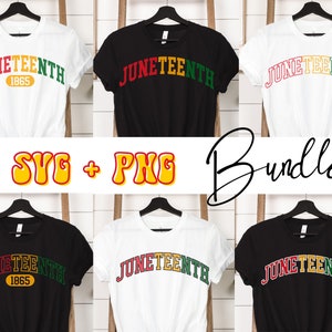 Könnte beinhalten: Ein Bundle mit sechs SVG- und PNG-Dateien mit einem Juneteenth-Design. Das Design ist ein bunter Bogen mit dem Text "Juneteenth 1865" in einer Retro-Schrift.