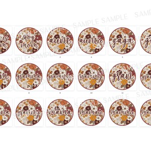 May include: Twelve round floral patterned stickers with different family member titles, such as "bonus mom", "dog mom", "aunt", "auntie", "grandma", "grammy", "gran", "gigi", "mawmaw", and "mamie".