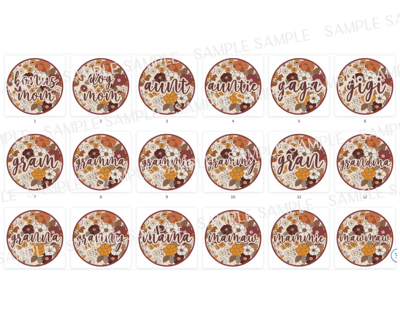 May include: Twelve round floral patterned stickers with different family member titles, such as "bonus mom", "dog mom", "aunt", "auntie", "grandma", "grammy", "gran", "gigi", "mawmaw", and "mamie".