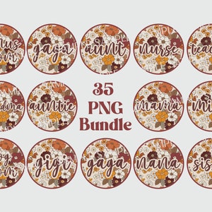 May include: A set of 35 digital clipart images featuring various family member titles in a retro floral design. The titles include "bonus mom", "grandma", "auntie", "mama", "mini", "dog mom", "gigi", "gaga", "nana", and "sissy".