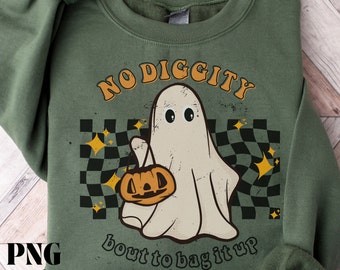 May include: Green sweatshirt with a white ghost holding a jack-o-lantern. The text on the sweatshirt says "No Diggity Bout To Bag It Up".