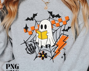 Distressed Reading Ghost Retro Halloween PNG SVG, Vintage Fall Png, Cute Ghost, Trendy Halloween Sublimation, Spooky Season Shirt Design