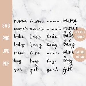 Mama's Mini Mama's Boy Girl Mama Babe Baby Svg Set Mamá y yo Día de la Madre Png Familia a juego Camisa Niño Cumpleaños Fuente Cursiva
