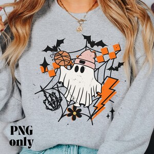 バスケットボールをするかわいい幽霊Png、レトロなハロウィーンPng、ヴィンテージ秋Png、ディストレストPng、トレンディな昇華Png、スケルトンの手、ボルト