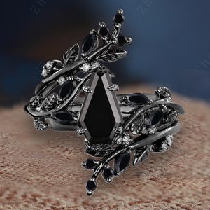 Antique Coffin Cut Black Onyx Engagement Ring Set Solid 14K Black Gold Twist Propose Ring Leaf Branch Enhance Wedding Band Anniversary Gifts