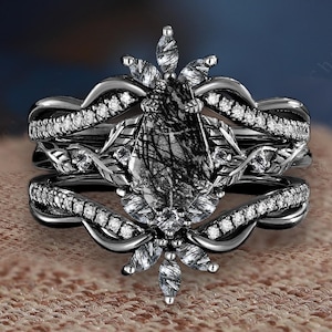 Antique coffin cut black rutialted quartz engagement ring set Gothic black gold leaf propose ring Unique enhance stacking curve wedding band