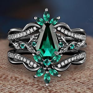 Gothic coffin cut emerald engagement ring Solid 14k black gold cluster may birthstone bridal set Unique enhance stacking curved wedding band