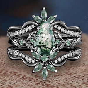 Dainty coffin cut moss agate engagement ring set Solid 14K black gold leaf propose ring Unique enhance stack curve wedding band Promise gift