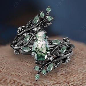 Coffin Cut Moss Agate Engagement Ring Set Unique 14K Black Gold Twist Propose Promise Ring Leaf Branch Enhance Wedding Band Anniversary Gift