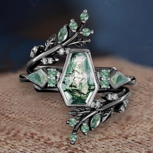 Art Deco Coffin Shaped Moss Agate Engagement Ring Set Unique 14K Black Gold Kite Cut Propose Ring Leaf Enhance Wedding Band Anniversary Gift