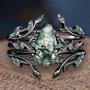 Nature inspired coffin cut moss agate engagement ring Solid 10k/14k black gold bridal set Leaf twig enhance stack wedding band Promise gifts