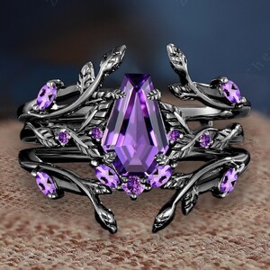 Nature inspired coffin cut amethyst engagement ring set Solid 14k black gold propose ring Leaf twig enhance stack wedding band Promise gifts