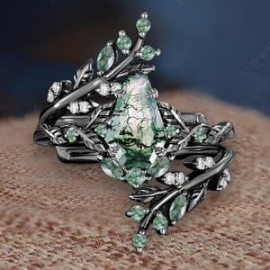 Art deco coffin cut moss agate engagement ring Solid 14K black gold leaf branch enhance wedding band Nature inspired bridal set Promise gift